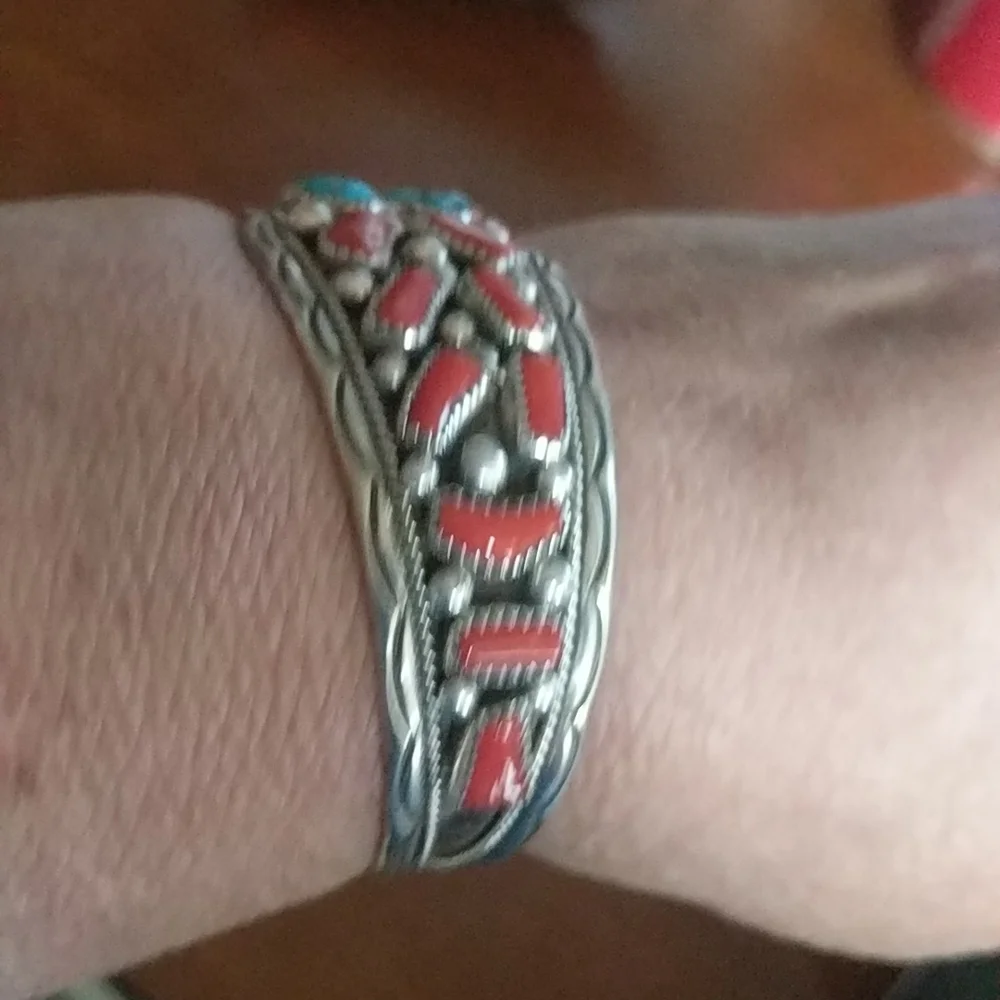 Native American Turquoise & Coral Stamped Cuff - Picture 2 of 10